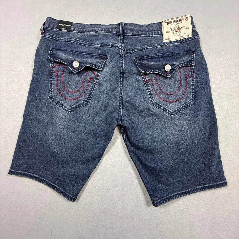 True Religion Denim Shorts Mens‎ Rocco W38 Blue Red Stitch Relaxed Skinny NWT